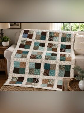 79”x63” Handmade Patchwork Quilt - Teal, Brown & Cream